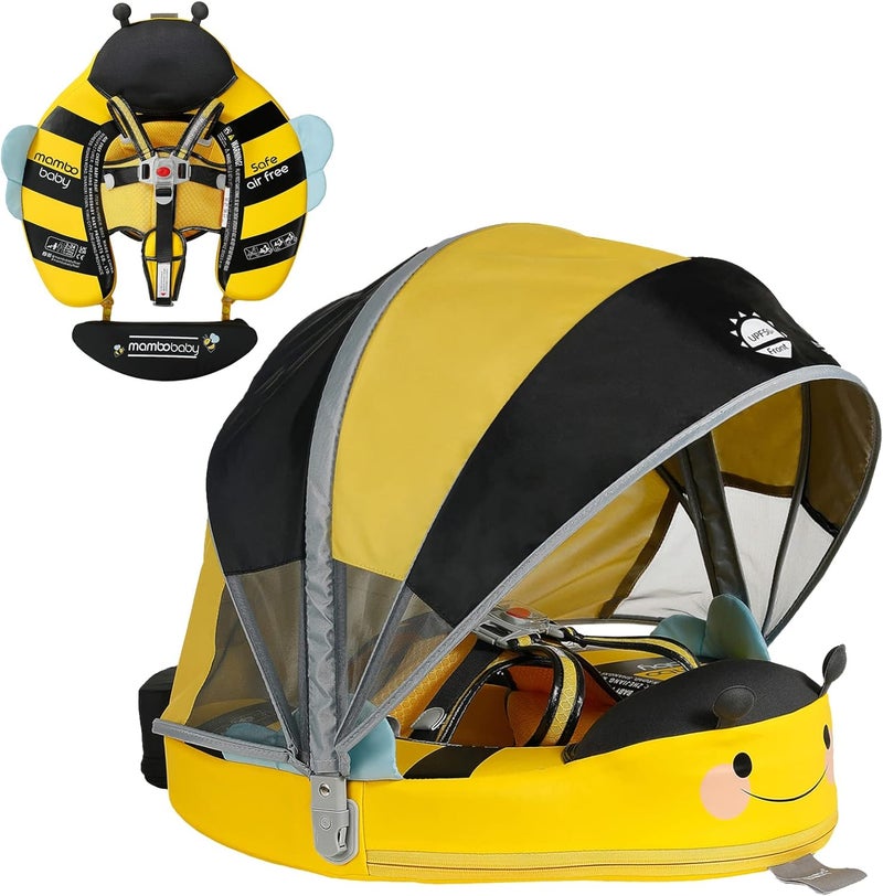 AnjeeIOT Mambobaby Float with Canopy Non-Inflatable Baby Pool Float Infant Solid Swim Float Add Tail Water Floats Smart Swim Trainer for Infant Toddler 3-24 Months, Honey Bee Yellow - Image 1